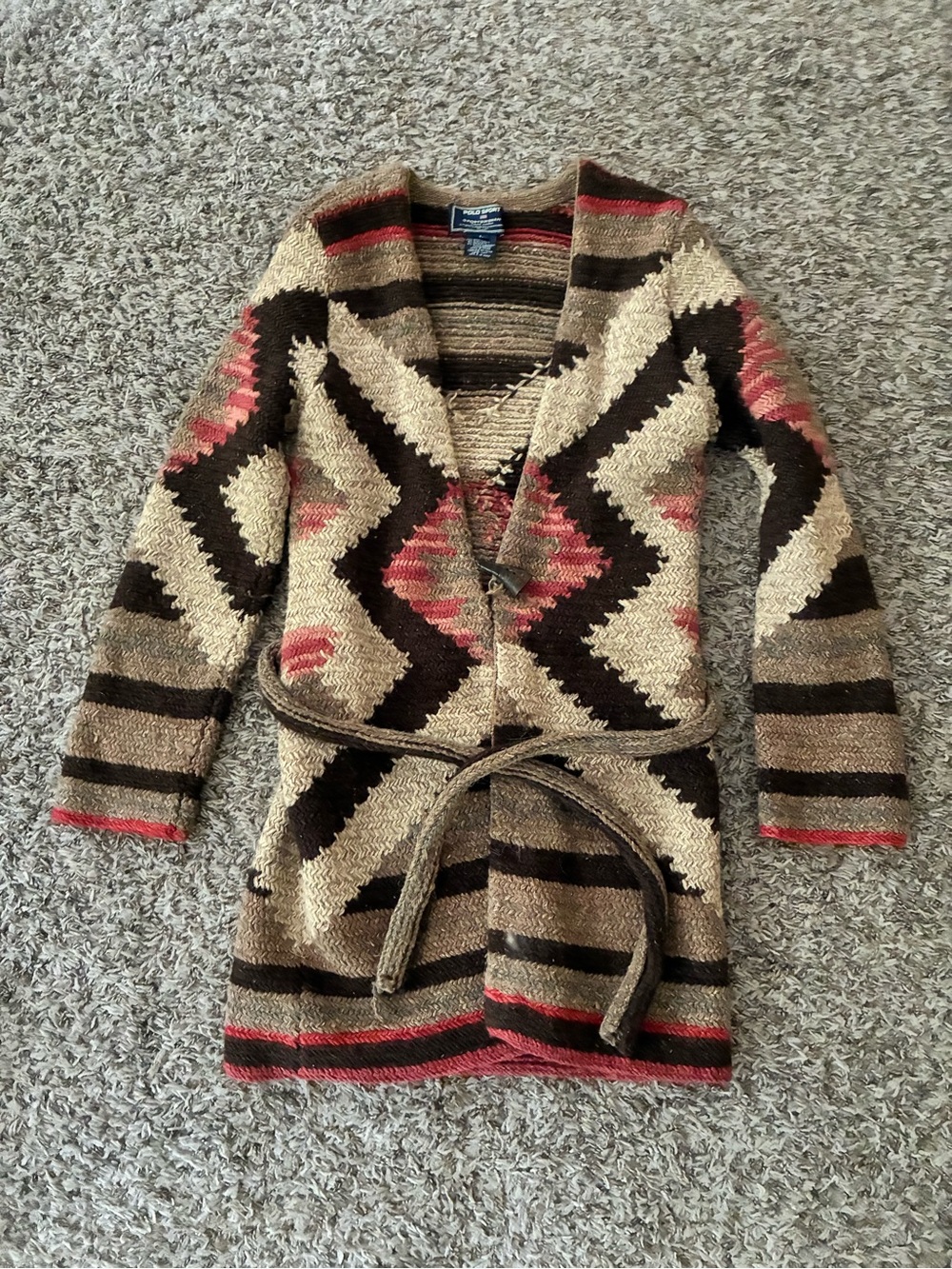 Rare vintage Ralph Lauren sport Belted Knit Cardigan in Tan, Brown & red